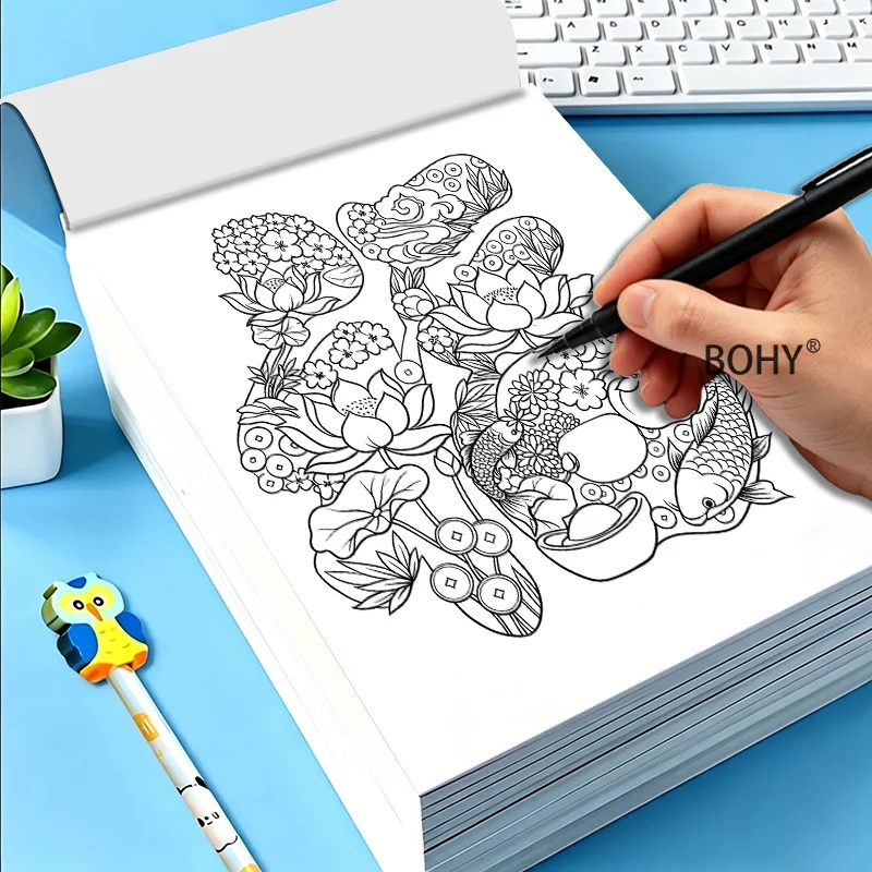 1 Large-sized Healing Themed Line Drawing Collection, Include Line Drawings of Ancient Beauties/floral Fonts and More, 50 Pages