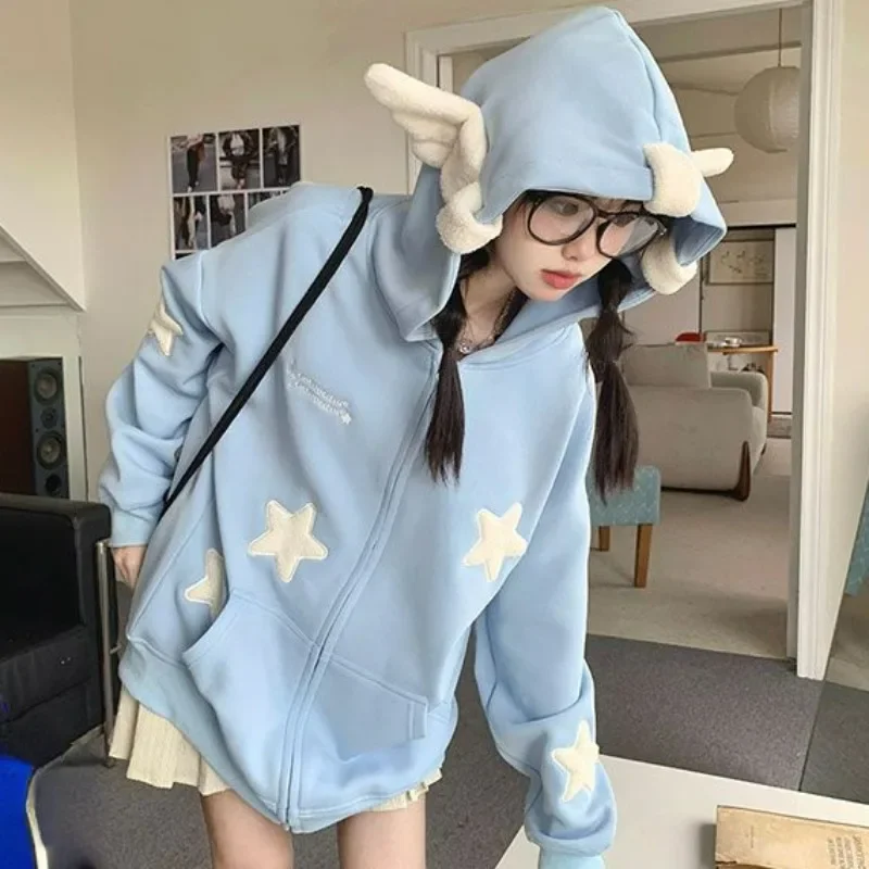 Japan Kawaii Wing Hooded Loose Hoodies Women Autumn Long Sleeves Zipper Star Cardigan Oversized Coat Y2k Sweet Cute Sweatshirts