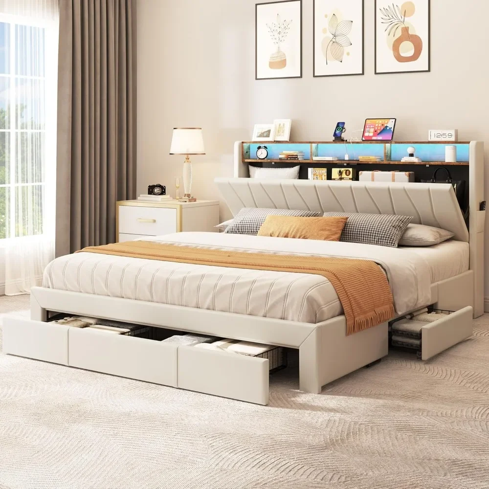 

King Size Bed Frame With 4 Drawers & LED Light, Storage Bookcase Headboard, Charging Station, Upholstered Platform Bed Frame