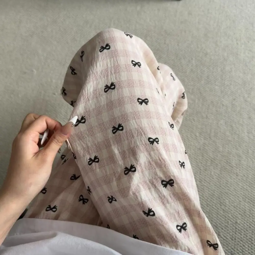 موضة شريط منقوشة Bowknot بنطلون بيجاما الحلو رقيقة ملابس خاصة السراويل النساء Homewear القوس بناطيل كاجوال ربيع الخريف #2