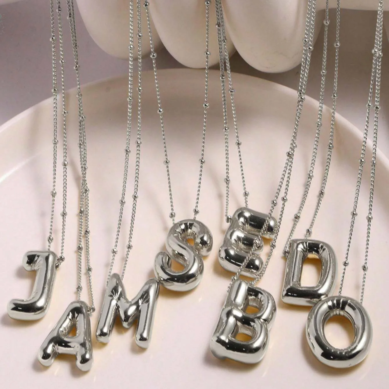 Party Balloon Bubble Alphabet Letter Pendant Necklaces for Women Silver Color Stainless Steel Initials Name Customized Jewelry