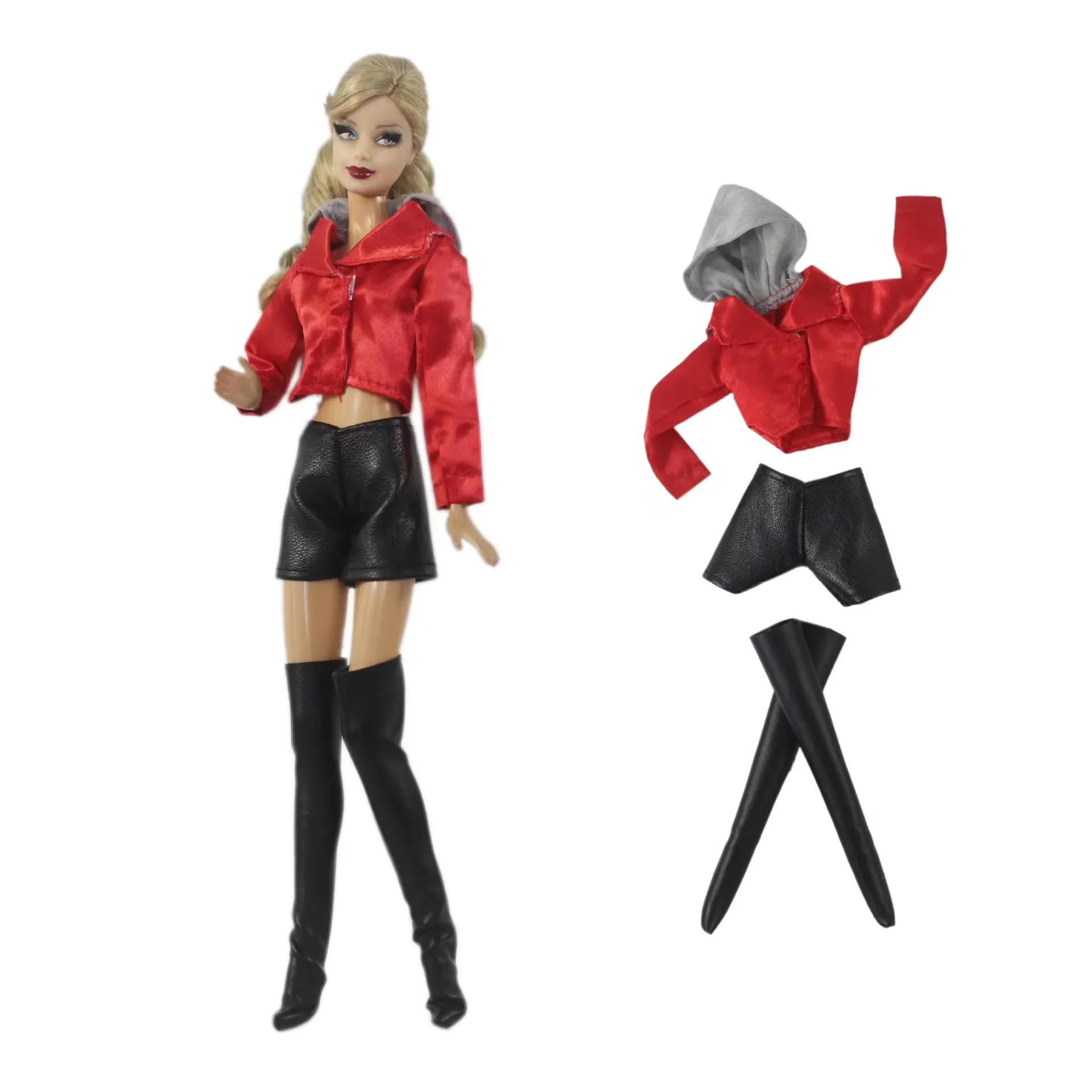 

Fashion 11.5" Doll Clothes for Barbie Outfits Set Red Coat Hoodie Leather Shorts Boots for Barbie Dolls Accessories Girl Toy 1/6