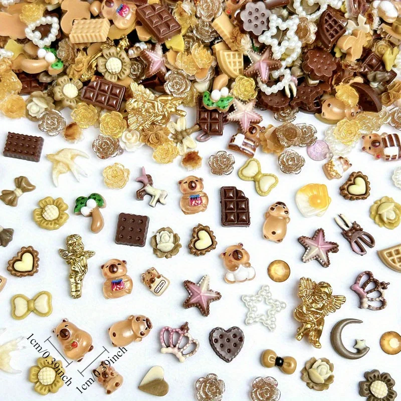 50pcs Resin Coffee Hollow Pearl Bow Biscuits Cartoon Nail Art Jewelry Phone Case Hairpin Diy Decoration Material Accessory