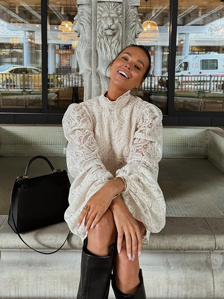 فستان نسائي أنيق مفرغ من الدانتيل فستان قصير أنيق بياقة عالية وأكمام طويلة مضيئة فساتين جديدة للسيدات للحفلات الليلية والنوادي #6