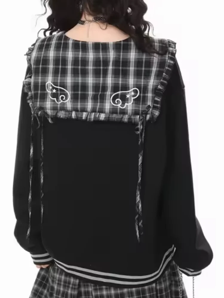 Harajuku Plaid Sailor Collar Patchwork Long Sleeve Zipper Sweatshirt Women Clothes Sweet Y2K Subculture Gyaru Cutecore Outerwear