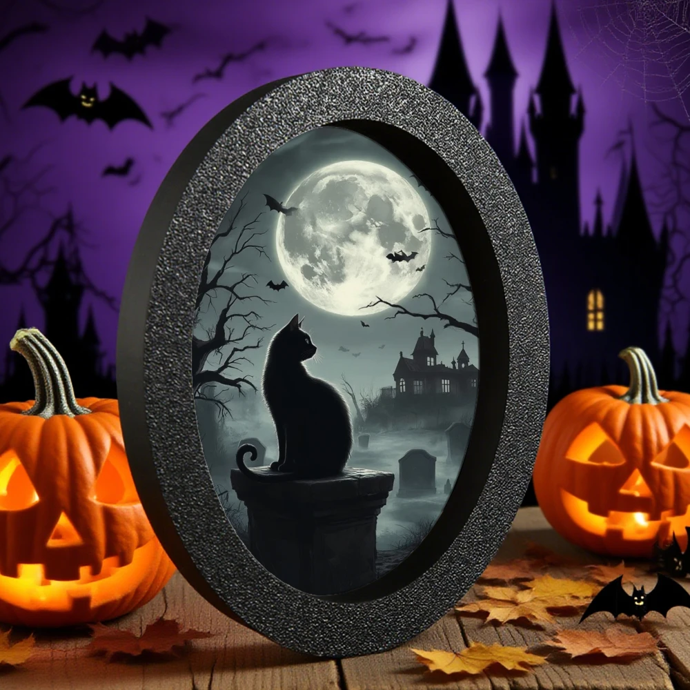 Cross - border Oval Black - framed Decoration, Featuring a Gothic Scene of Black Cat Gazing at Moon, Ideal for Halloween & Dark