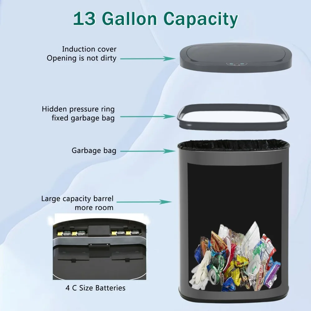 自動非接触式50リットル/13ガロンステンレス製大容量キッチンゴミ箱