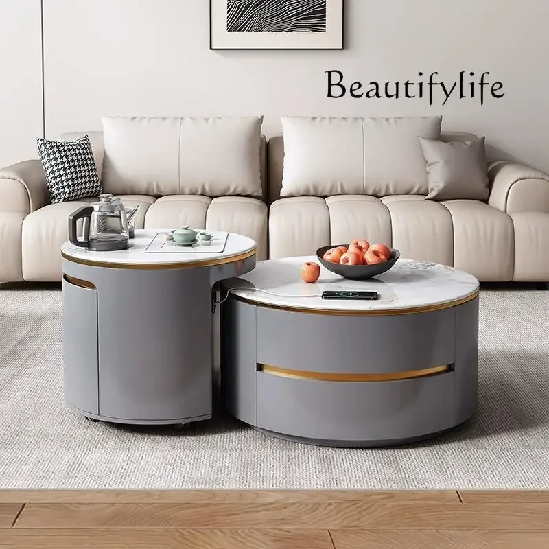 

N40 Modern multi-functional tea tea table size round rock slab coffee table combination household tea table integration