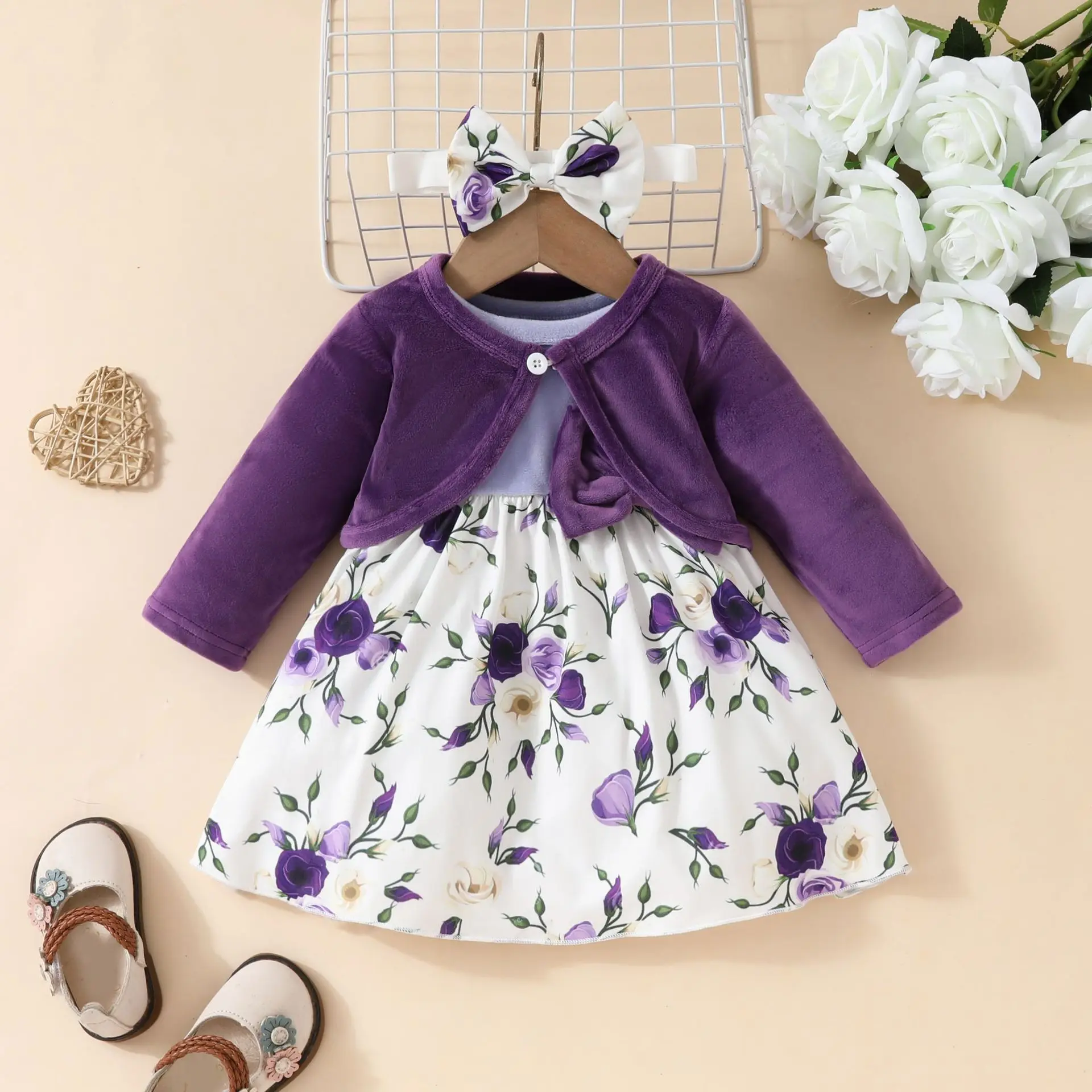 Baby Girls Dress Set Autumn Winter Long Sleeved Solid Coat+Floral Sleeveless Bow Dress Infant Fashion Europe America Outfit