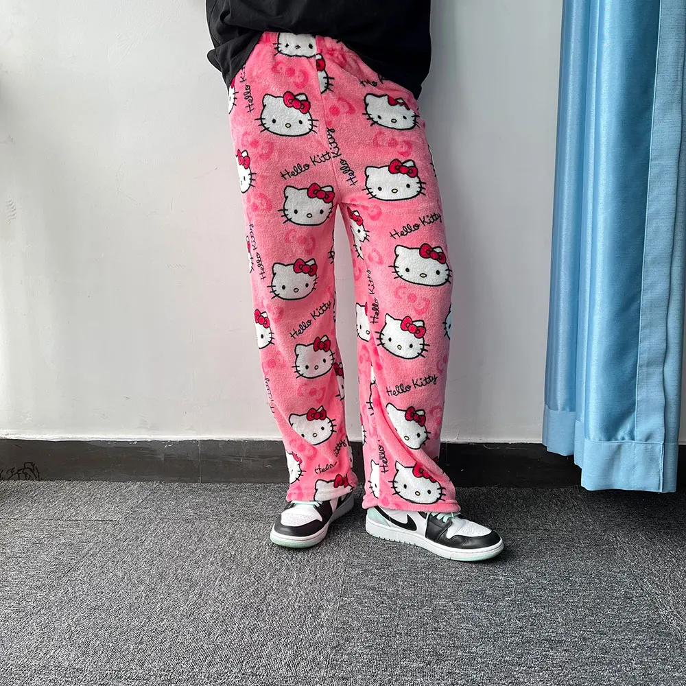 Sanrio Hello Kitty Flannel Pajamas Black Women\'S Warm Woolen Cartoon Casual Home Pants In Autumn Winter Fashion Trousers