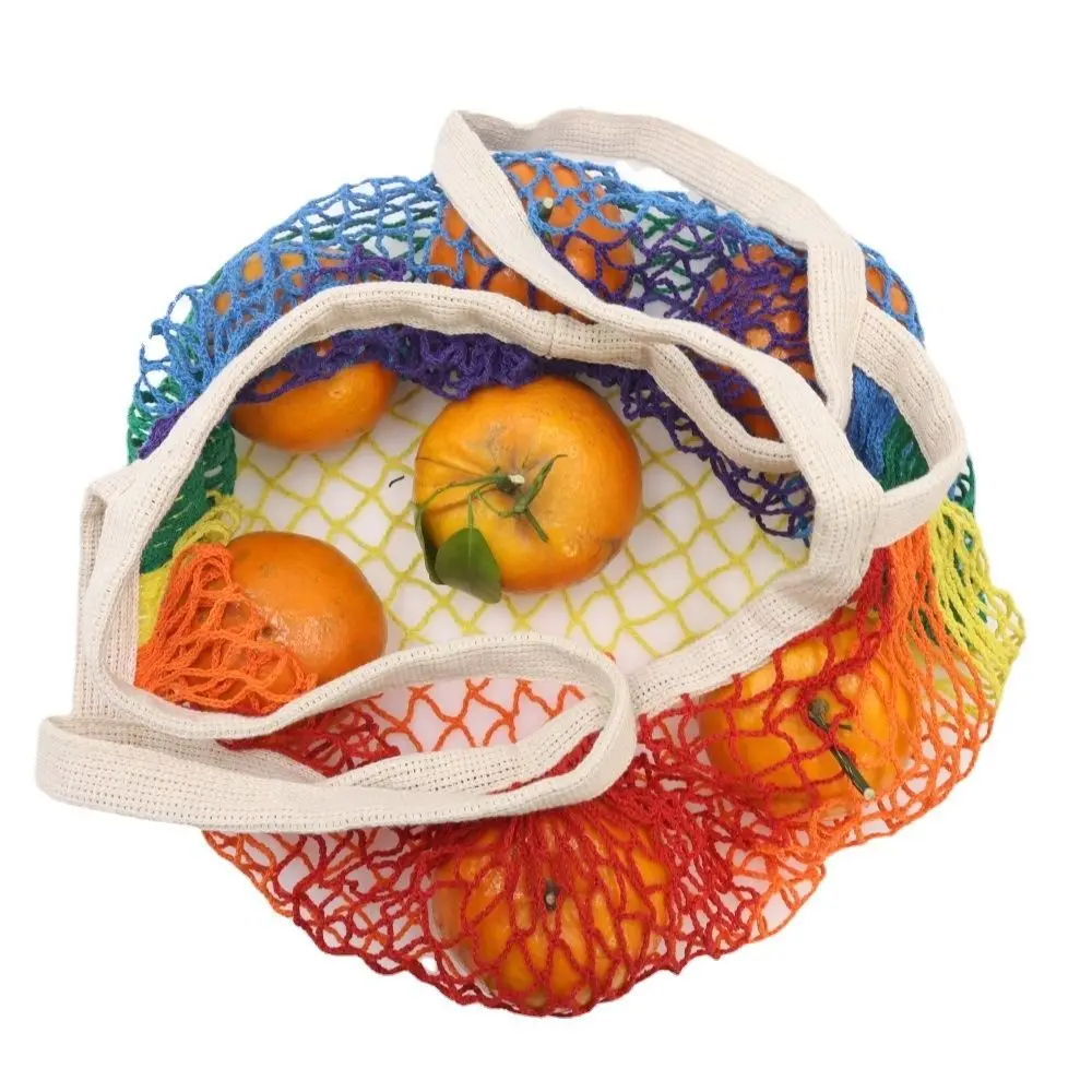 Net Tote Shopping Bag Rainbow Mesh Shopping Bag Shoulder Bag Vegetable Foldable Shopping Bag Fruit Reusable Grocery Bag