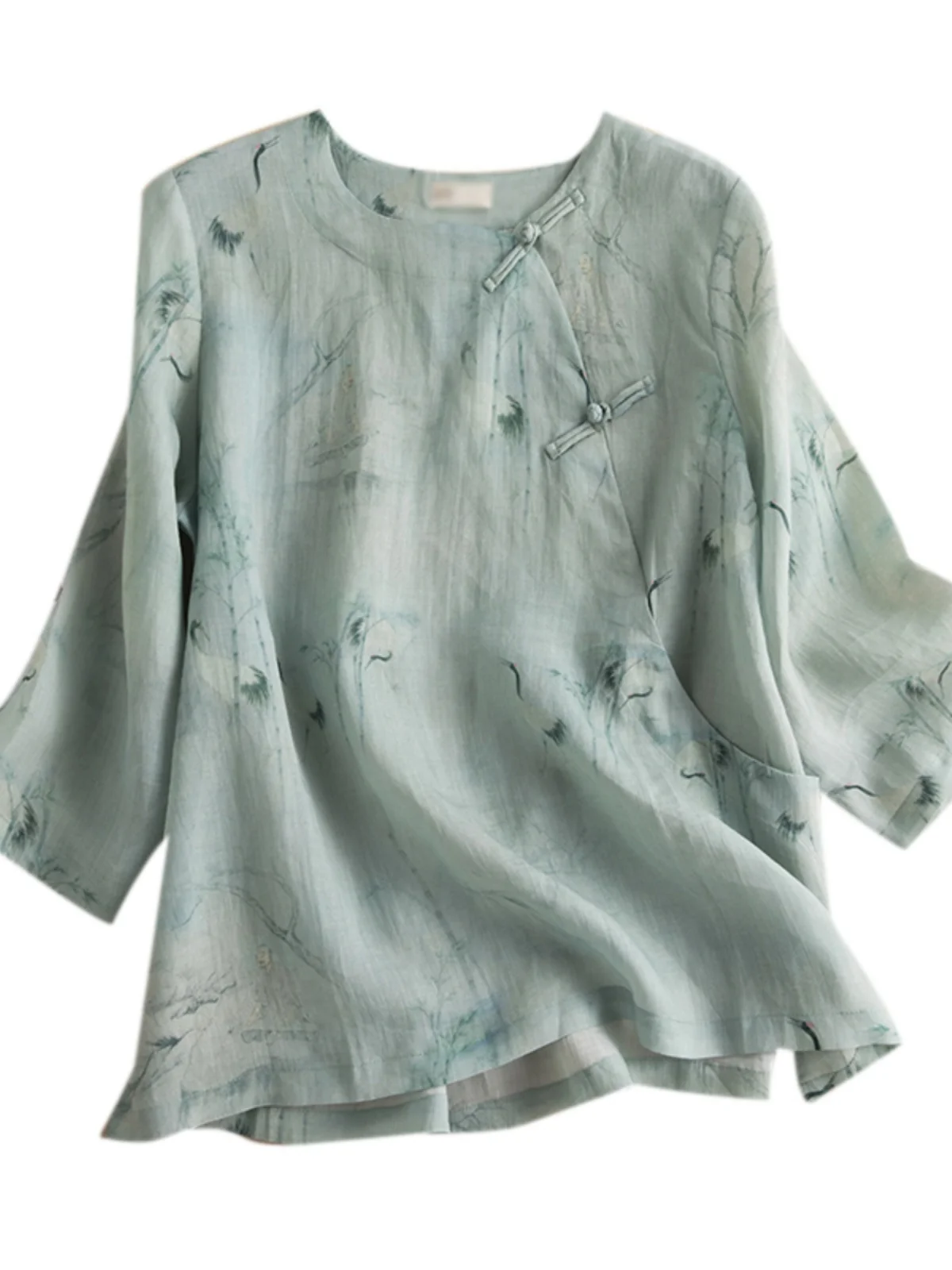 Camicetta da donna di grandi dimensioni in cotone e lino retrò cinese con bottoni e stampa, vestibilità ampia, per la mamma