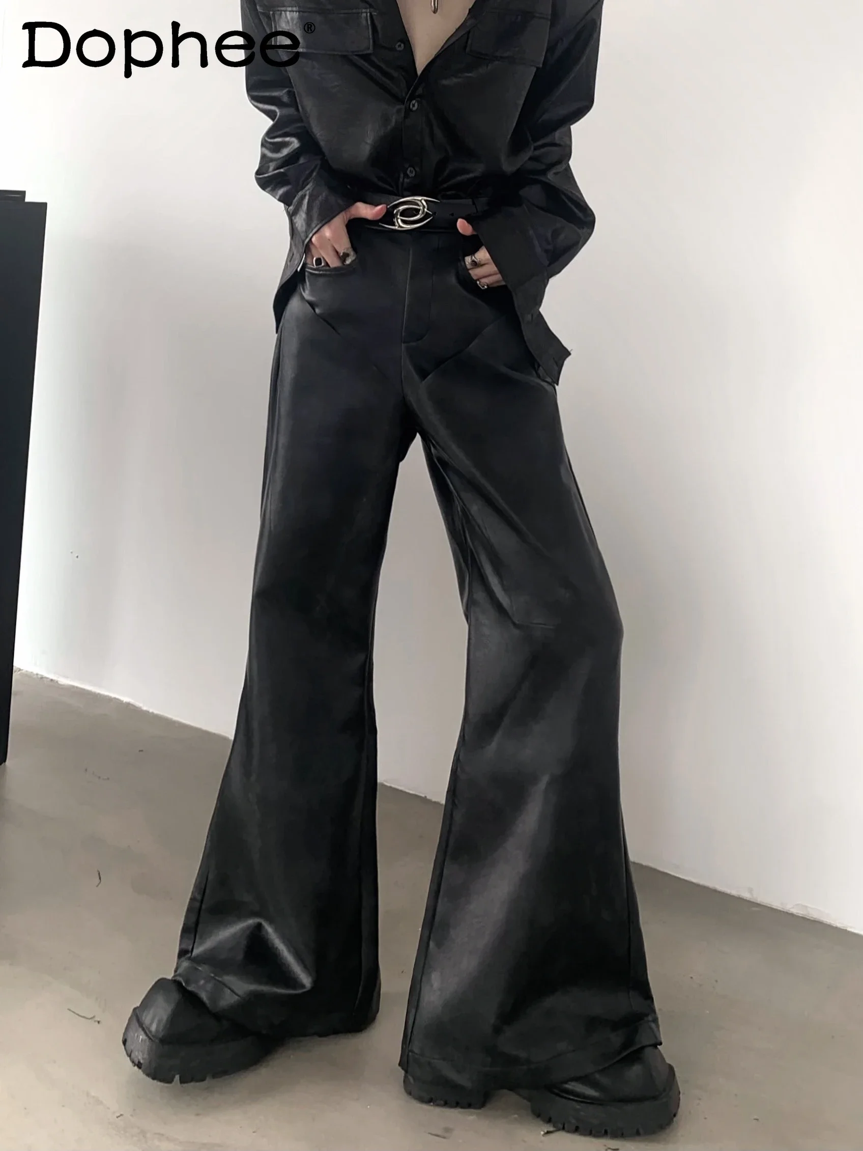 

Men's 2024 Autumn New Fashion Straight Leather Pants High-end Trendy Male Black Micro Flared Leather Pants Men's Pocket Trousers