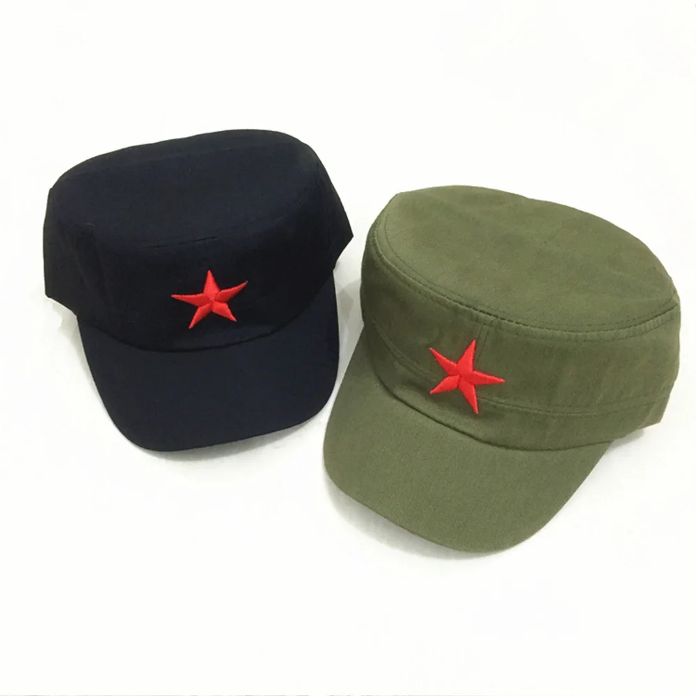 Red Five-Pointed Star Flat Top Hat For Man Military Training Outdoor Team Travel Sun-Proof Adjustable Canvas Cap