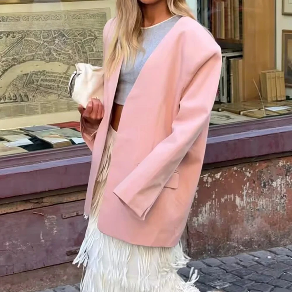 KONDALA Rosa Vintage Langarm Streetwear Frauen Casual Blazer Büro Dame Einreiher V-ausschnitt Chic Y2K Weibliche Outwear
