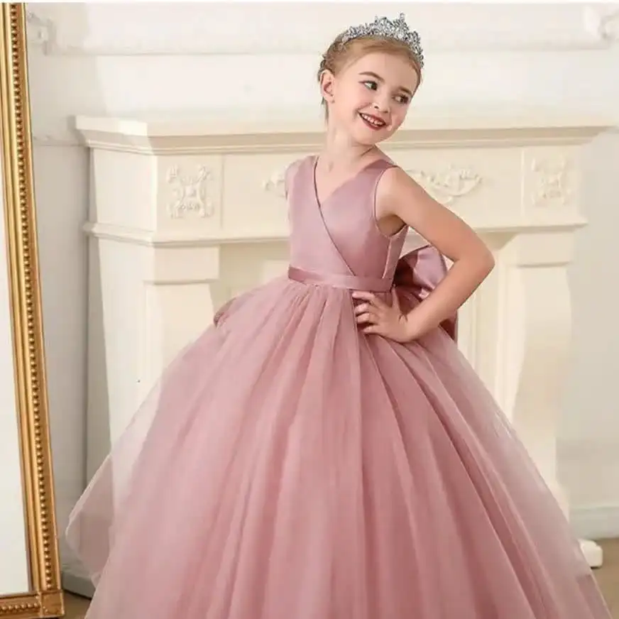 فساتين بناتي من الساتان تول على شكل حرف v على شكل حرف a مع فيونكة بدون أكمام طويلة وبسيطة لحفلات الأطفال فستان أنيق لحفلات الزفاف