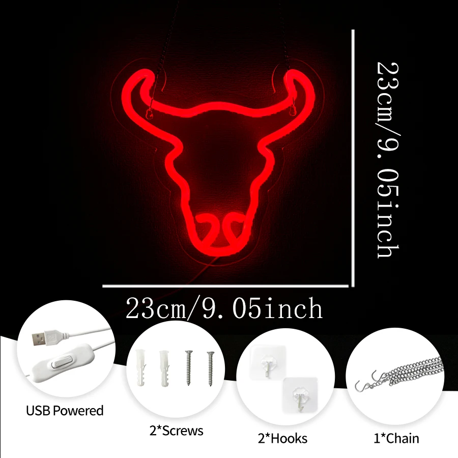 Red Bull Head Neon Sign, USB‑Powered LED Neon Light, Aesthetic Wall Decor Lamp for Bar, Bedroom, Man Cave, Game Room Decoration