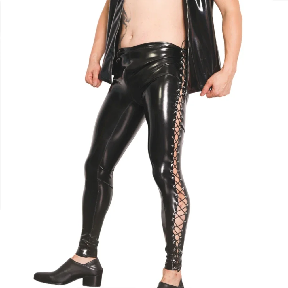 Sexy Men No-clean Double Sided PU Elastic Pencil Pants Slim Leg Trousers PVC Glossy Shiny Faux Latex Punk Bandage Shaping Pants
