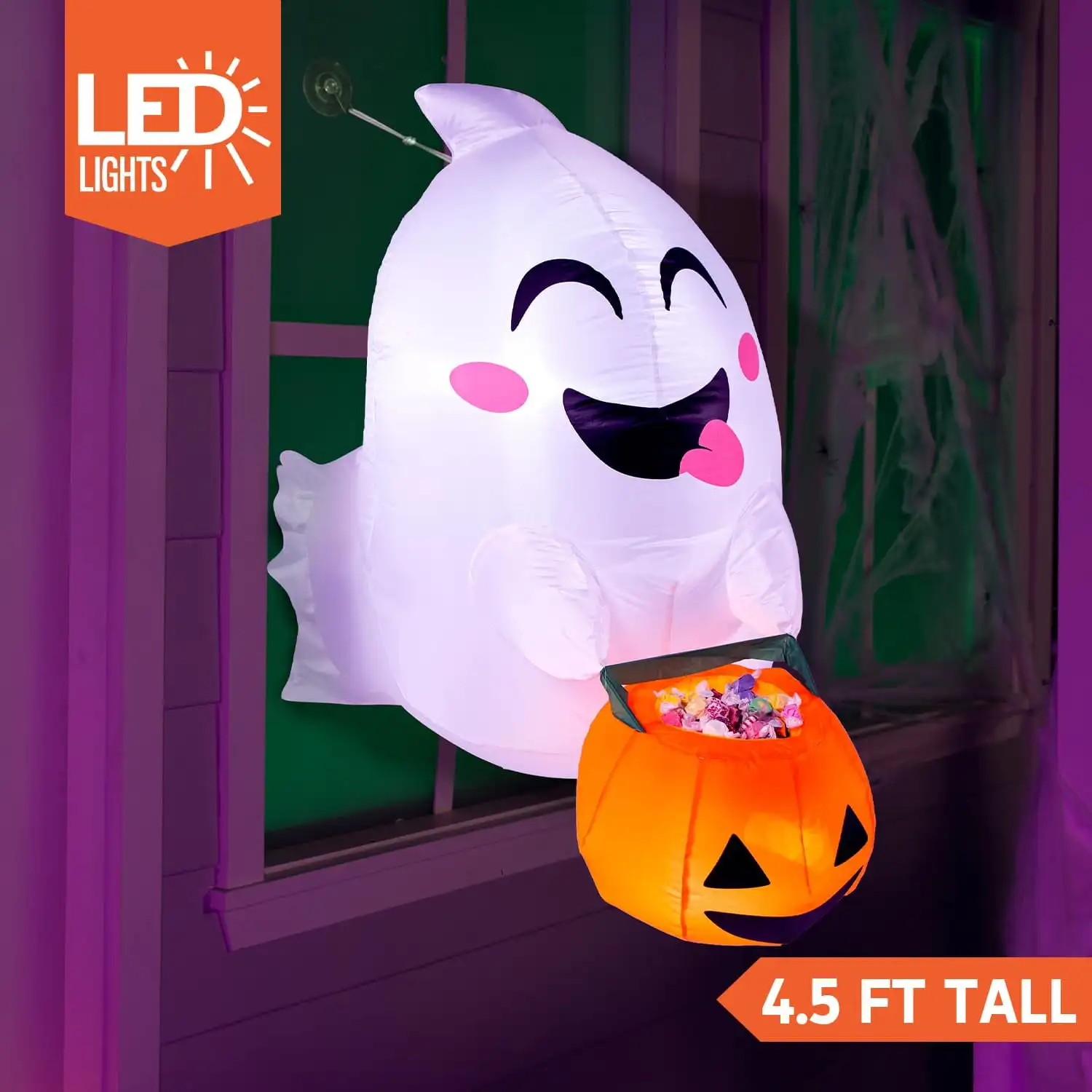 Joyfy 4,5 piedi fantasma volante gonfiabile di Halloween con cesto di caramelle di zucca rotto per la decorazione della finestra