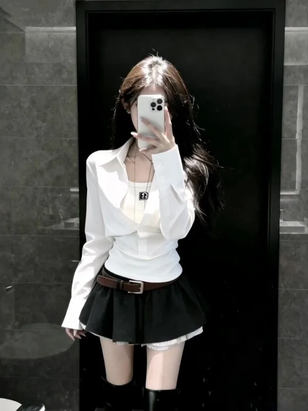 

Slim Fit Long Sleeve White Shirt And Skirt Two Piece Set for Women Spring Autumn Casual Wear High Waist Skirt Flared Skirt