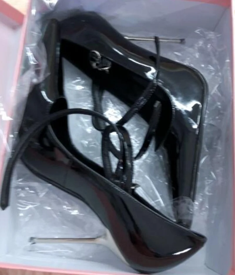

Stylish Metal Stiletto Heel Pump Black Patent Leather Pointy Toe Buckle Strap Woman Shoes Spring Autumn Office Lady Club Shoes