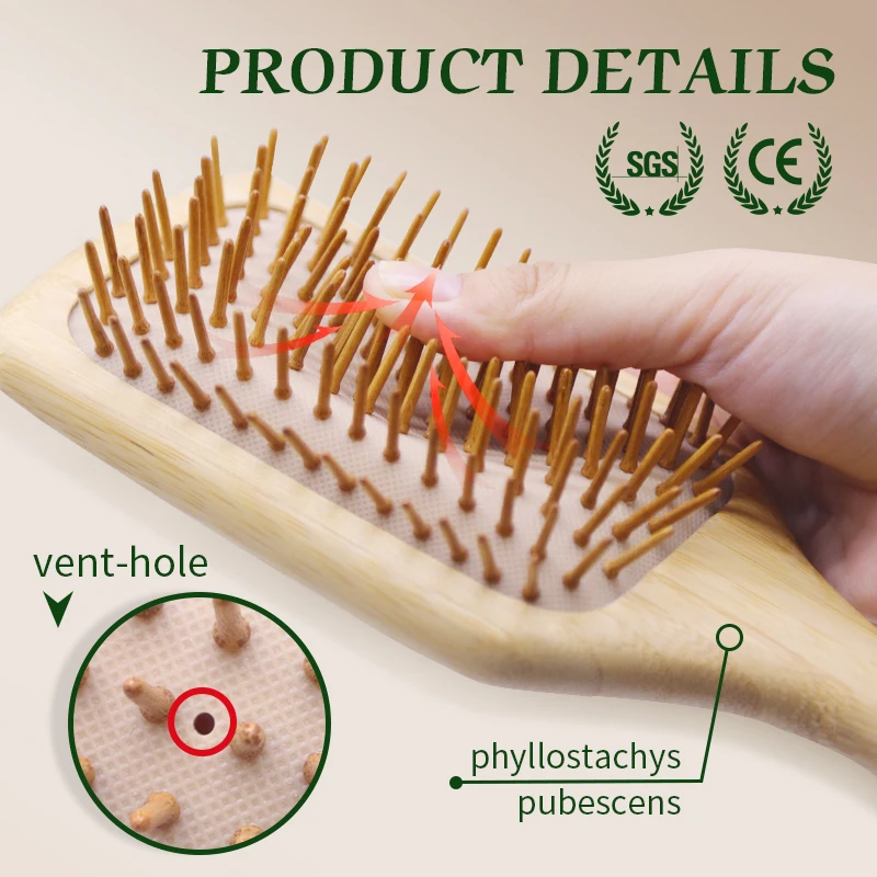 Özel ad Detangling bambu saç fırçası kadınlar şekillendirici geniş diş bambu saç tarağı masaj derisi anti-statik saç tarakları