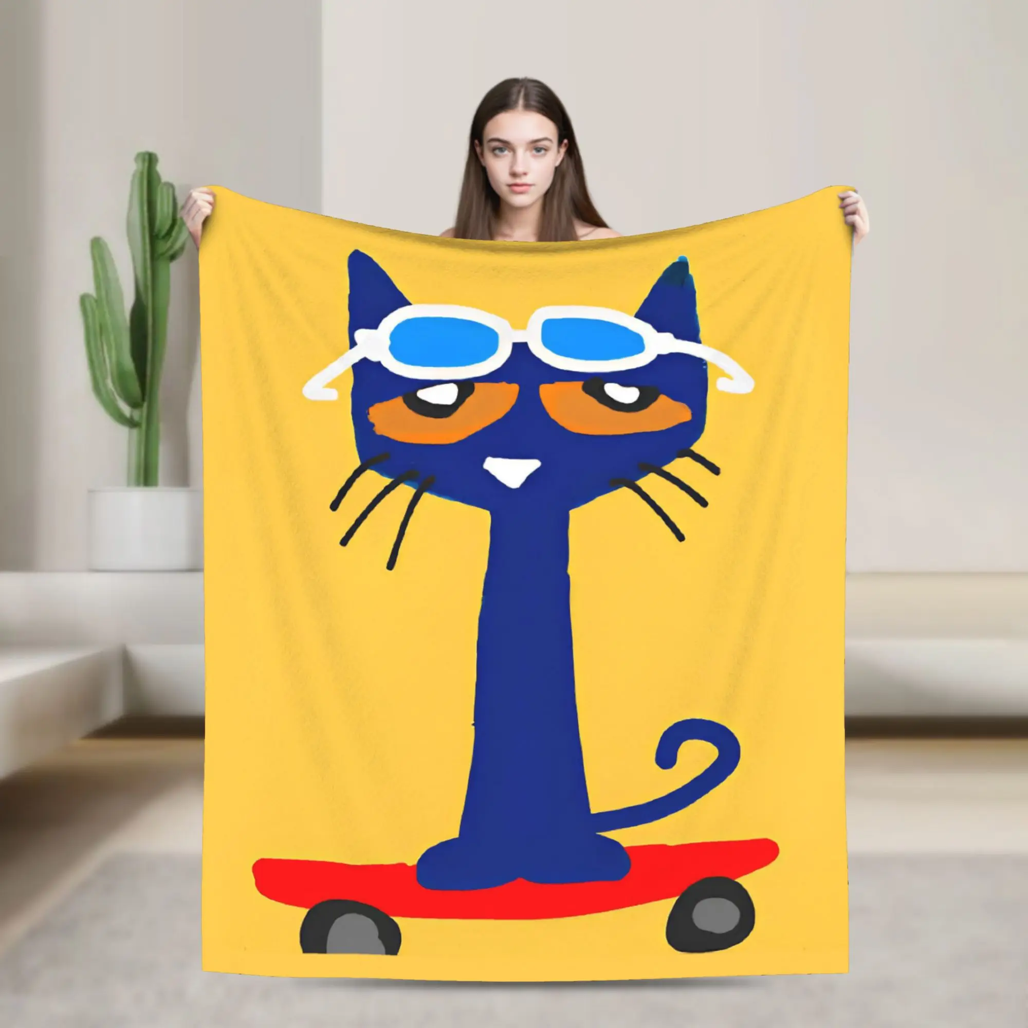Pete the Cat Cartoon Knitted Blankets Coral Fleece Plush Skateboarding Cat Warm Throw Blankets for Bedroom Sofa Bedspread