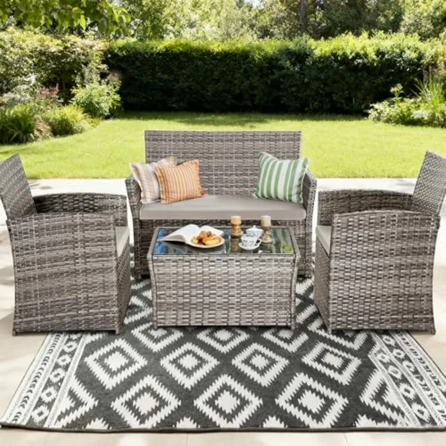 

Комплект садовой мебели из 4 предметов: серый ротанговый секционный диван с кофейным столиком и подушками для сидений, для заднего двора, веранды, террасы