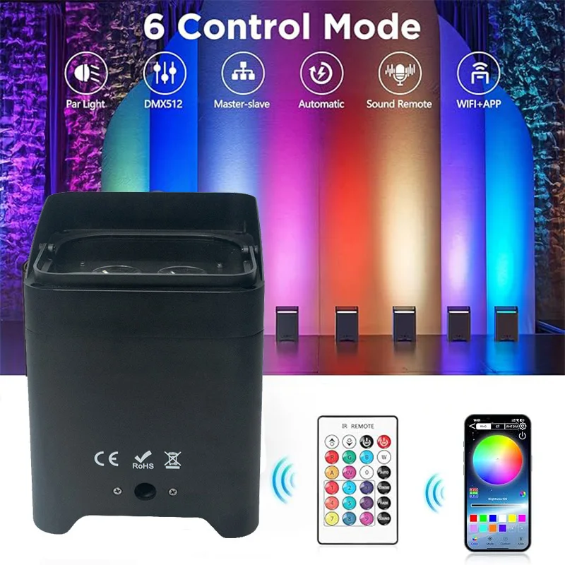 

6x18W RGBWA Led Uplight Battery Powered Stage Lighting Rechargeable Remote APP DMX Control Par Light for Wedding DJ Disco Party