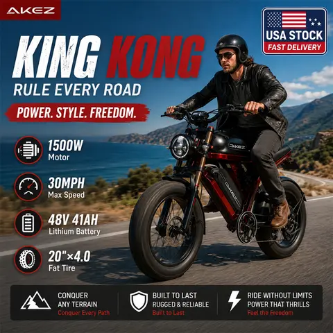 Electric Bike for Adults AKEZ King Kong 20"×4.0 Fat Tire 1500W Motor 30MPH Max Speed 48V 41Ah Lithium Battery Hydraulic Disc Brakes Turn Signals Dual Suspension All-Terrain E-Bike with LCD Display City Commuting,Mountain Roads Bike