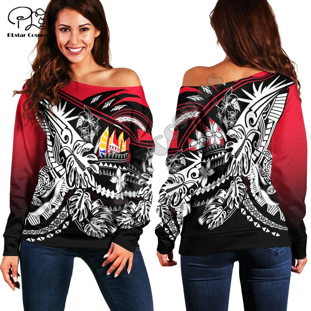 French Polynesia Tahiti Country Island Flag Tattoo Tribal 3DPrint Women Casual Harajuku Off Shoulder Sweatshirts Long Sleeves X3