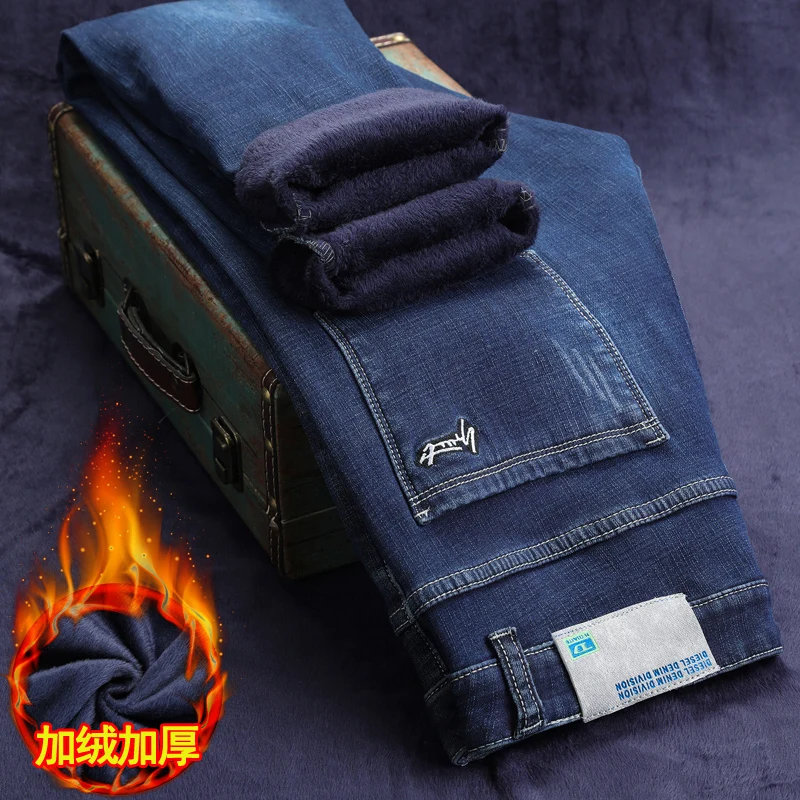 

Nice Winter Brand Stretch Slim Jeans Fleece Thick Warm Classic Long Sleeve Fashion Men's Fitted Pencil Jeans Blue