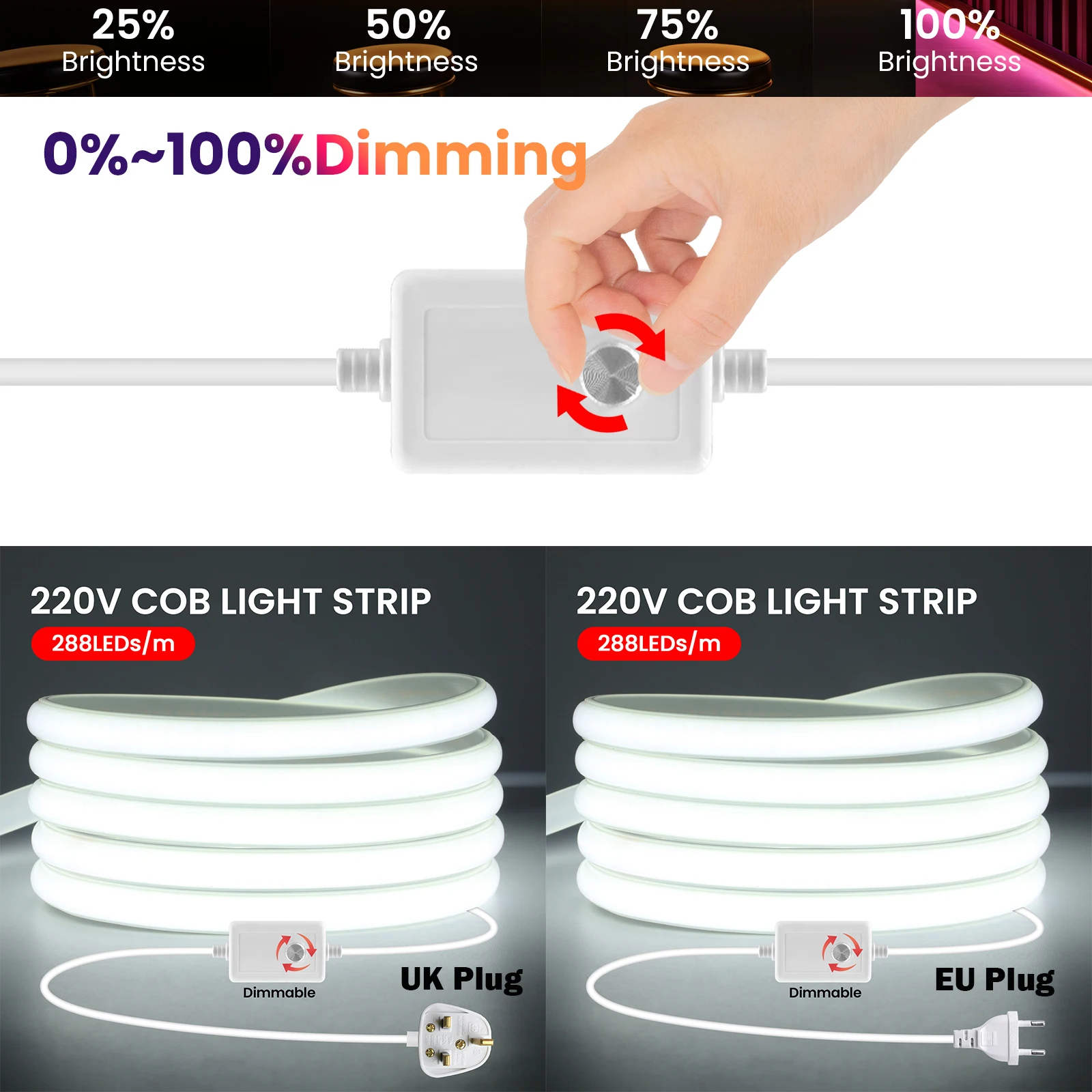 AC 220V 230V COB 네온 스트립 LED 조명 조광기 포함 EU/UK 플러그 방수 288LED/M 유연한 LED 스트립 조명 다색 1M-25M