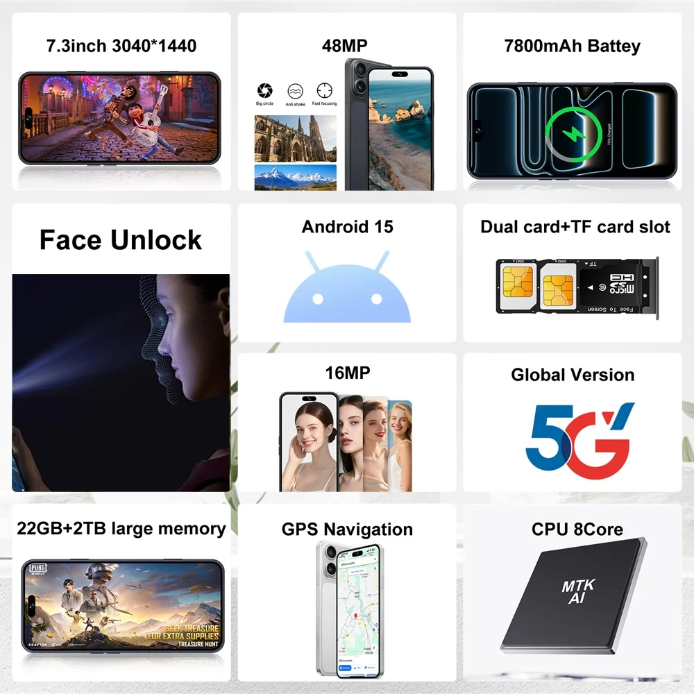 K-Touch Smartphone für 17 Pro Max 7,3 Zoll Vollbild-Handy 22G+2TB Mobiltelefon 16+48MP 5G Dual-SIM 7800mAh Akku Face ID Entsperrt Android 15 Handys – Detail 5