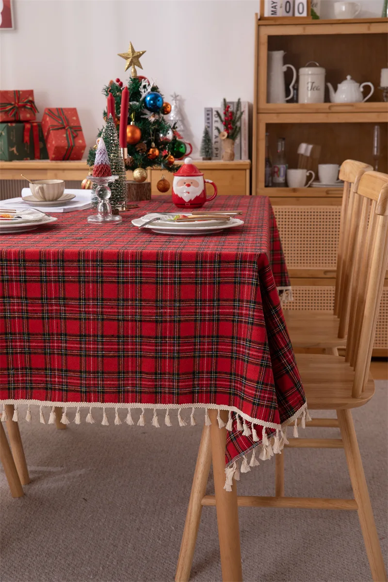 Weihnachtsdekoration, runde Tischdecke, karierte Tischdecke für Neujahr, Familientreffen, Restaurant, Party, Abendessen, Heimdekoration – Detail 17