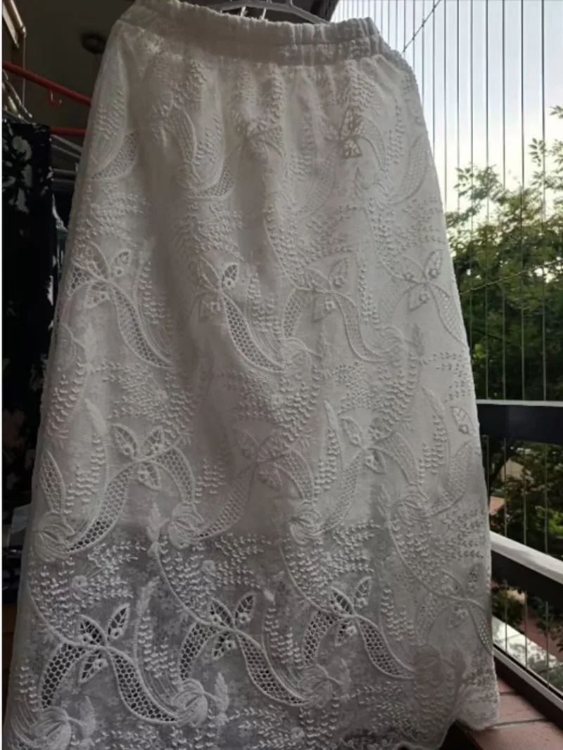 French Fashion Elegant White Lace Skirt Women 2026 New Summer High Waist Slimming A-line Long Skirt for Woman