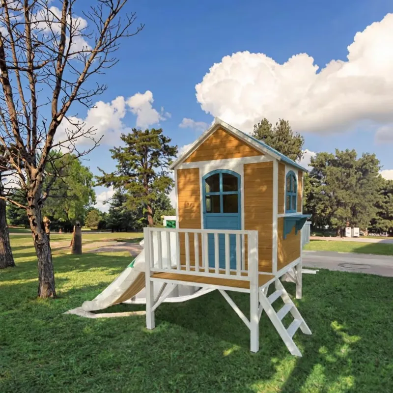 Modern Two-Floor Kids Wooden Outdoor Playhouse with  Stair and Slide  for Schools Supermarkets Parks  Backyard