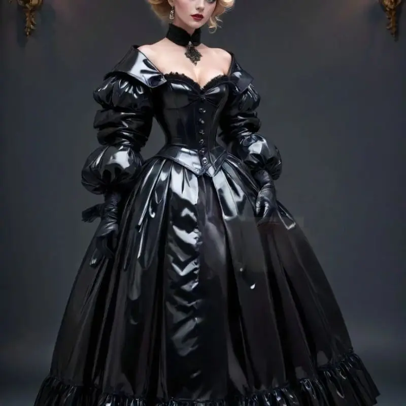 ชุดราตรีสีดำสไตล์โกธิค ผ้าพลีทเงา ทรงบอลกาวน์ ความยาวระดับข้อเท้า แขนยาวพอง สไตล์เรโทร สำหรับคอสเพลย์ งานแฟนซี  สามารถสั่งตัดได้