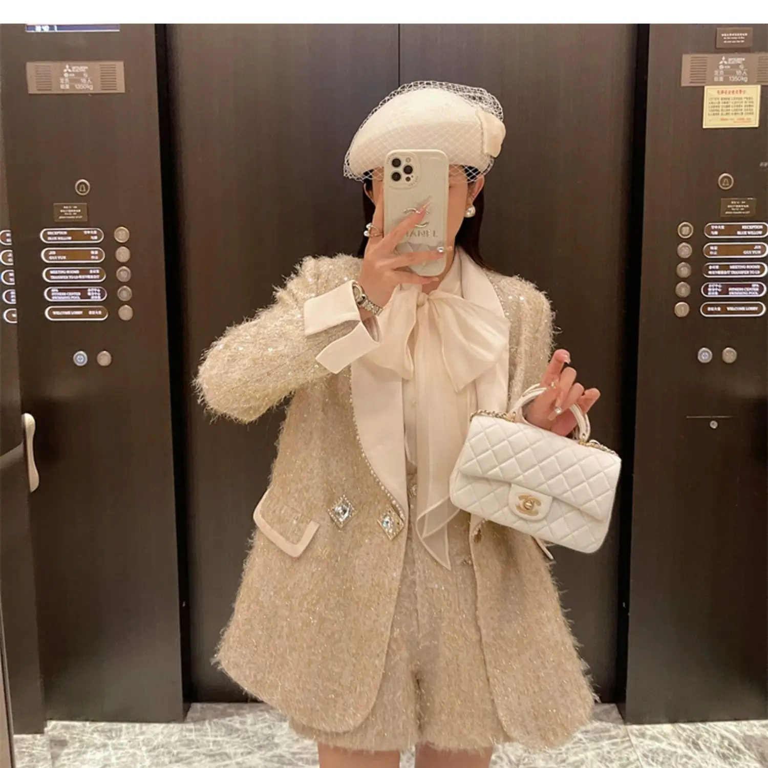 Fashion High-quality Suit Spring Winter Feminine Elegant Cotton Thickened Women's Long Sleeve Coats Shorts Short Two-piece Set