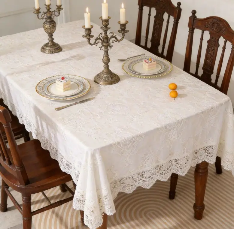 Korean Style Lace Tablecloth White Floral Rectangular Polyester Table Cover Anti Bedroom Outdoor Dining Table Decorative Cover