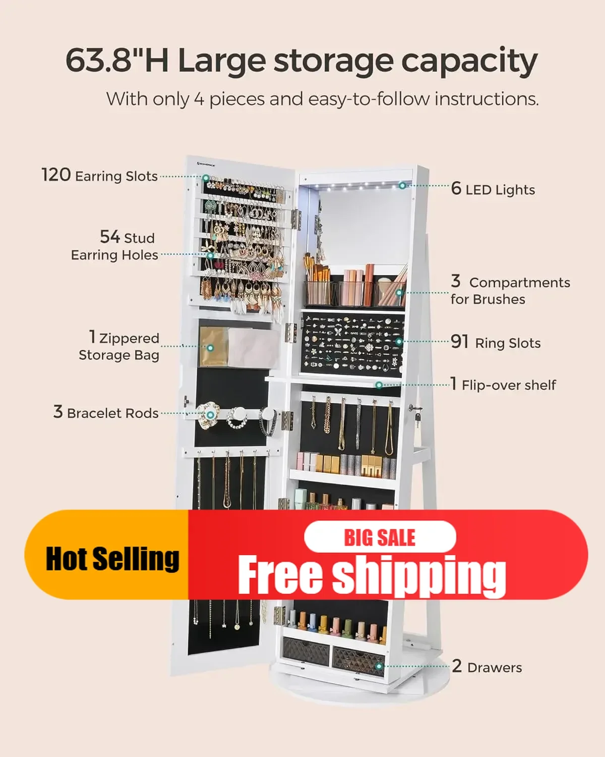 TOP-notch 6 LEDs Lockable Mirror Jewelry Cabinet, 360° Swivel Jewelry Organizer, Standing Jewelry Armoire,3 Storage Shelves, Whi