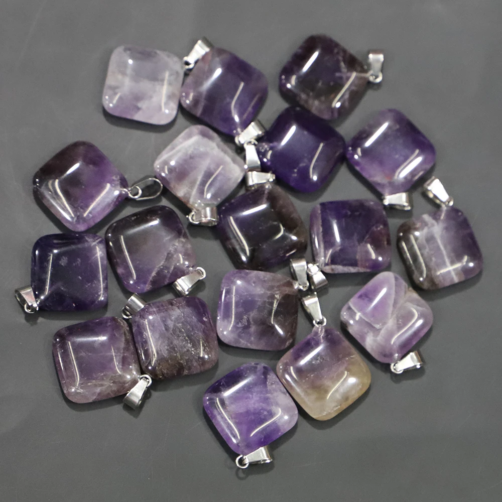 Bestseller Natural Stone Amethysts Pendants Square Shape Necklace Quality Charms DIY Jewelry Accessories Making Wholesale 24Pcs