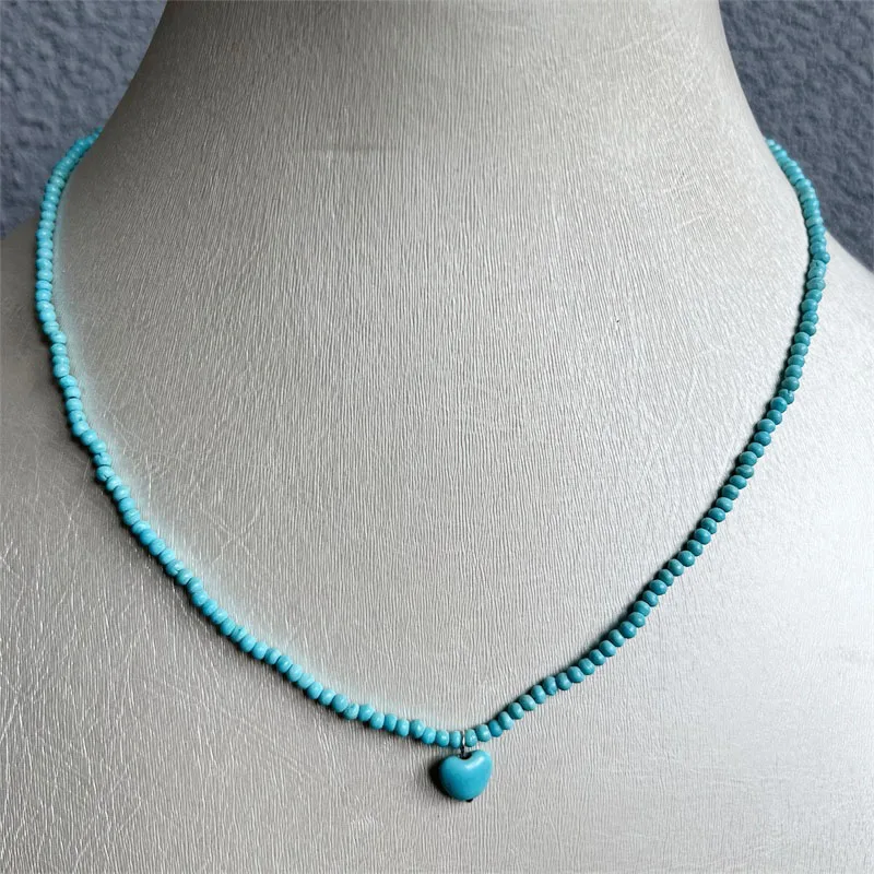 2MM Turquoise Necklace Natural Stone Round Bead Heart Pendant Women Wedding Love Gift Fashion Glamour Jewelry Party Prom Small