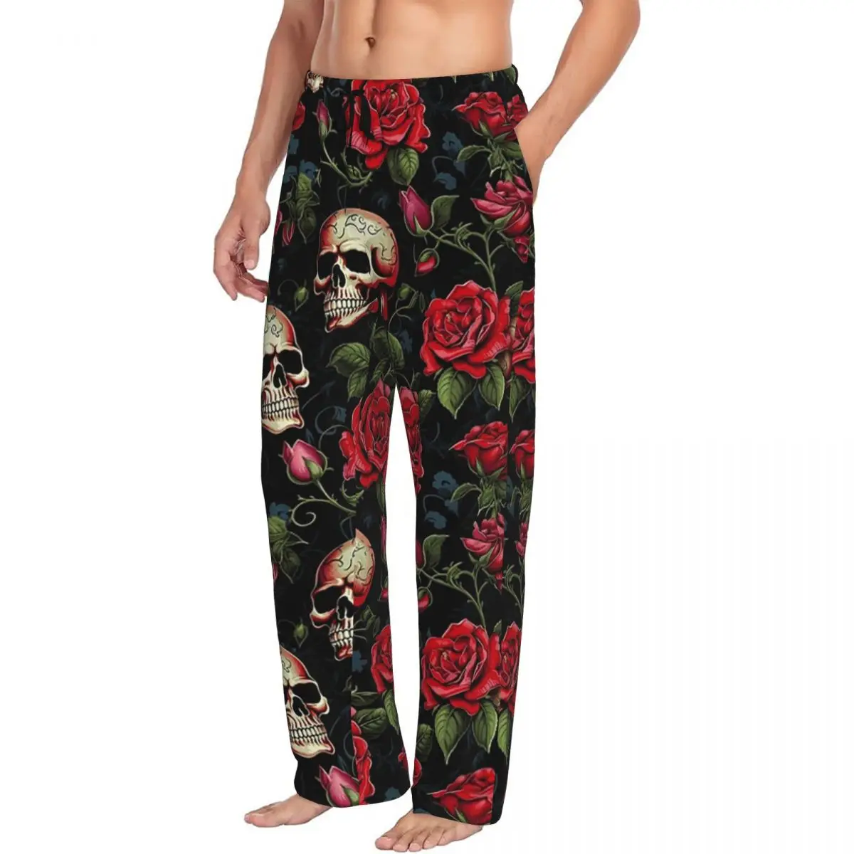 Custom Roses And Skulls By Ed Hardy Style Men Pajama Pants Lounge Sleep Sleepwear Bottoms with Pockets