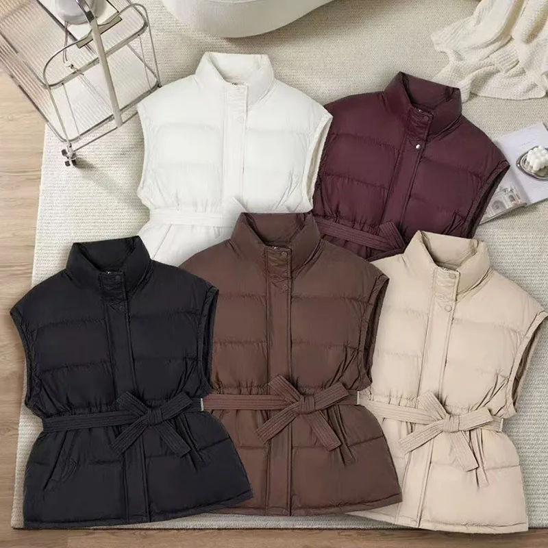 Down Cotton-padded Vest Jacket 2026 Fashion Women's Waistcoat Autumn Winter Thicken Warm Top Stand-collar Sashes Sleeveless Coat