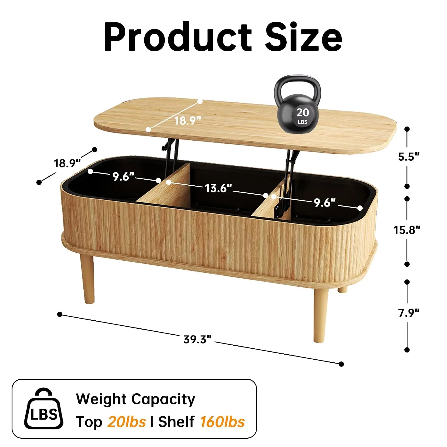Fluted Oval Lift Top Coffee Table Hidden Storage Mid Century Modern Living Room Office Small Space Natural, Customized