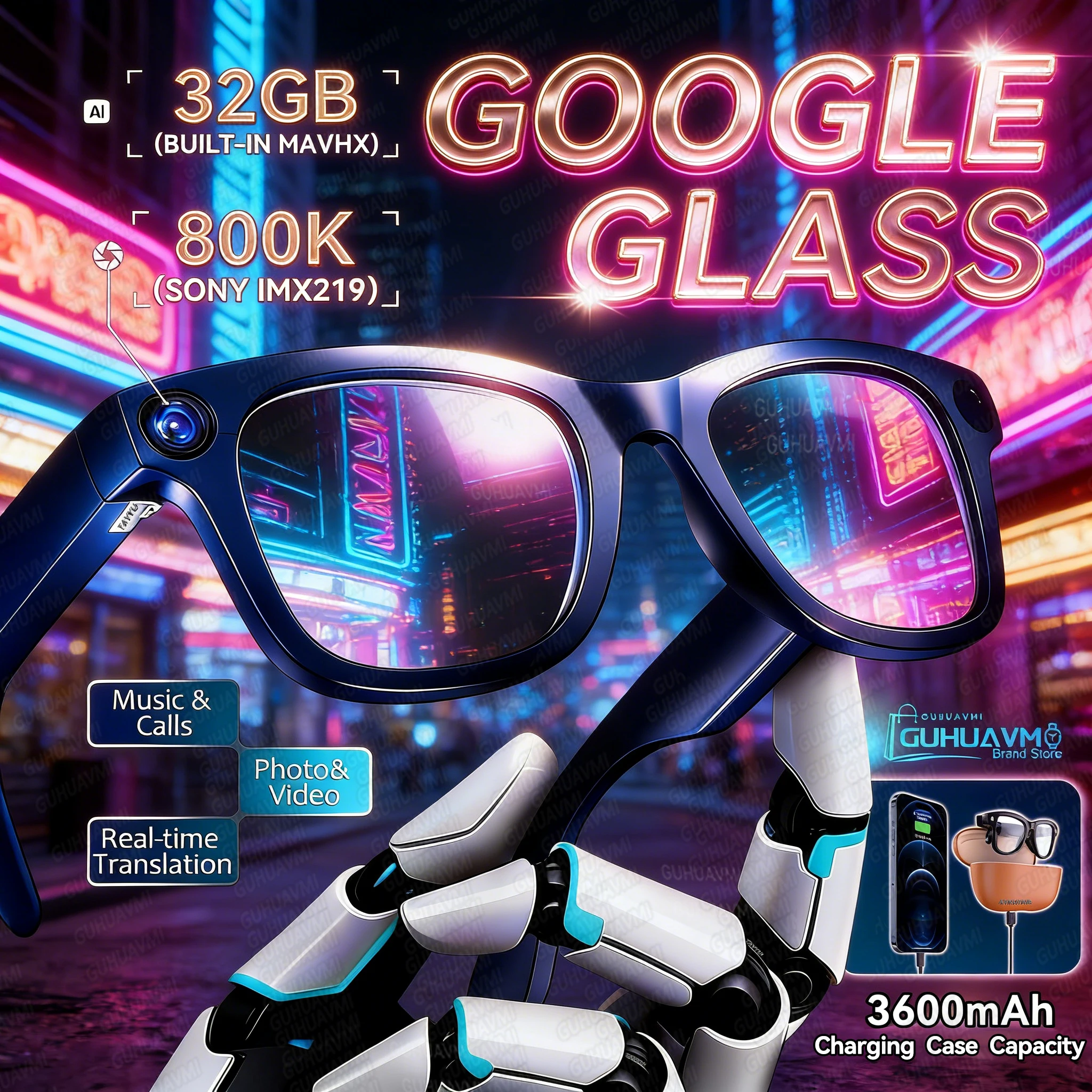 New 800W 4K HD Camera AI Smart Glasses 32G Recording Video 3600mAh Battery 120+Languages Translation Music Player Sunglasses Men