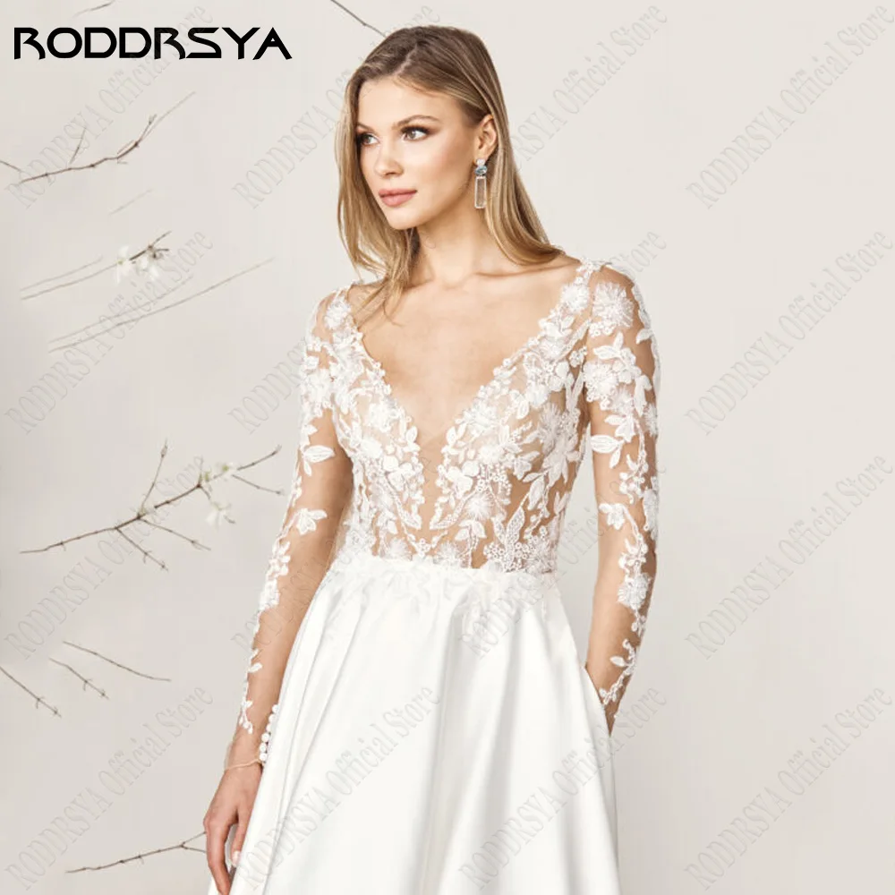 RODDRSY Modern Wedding Dress For Bride Illusion V-Neck Long Sleeves Bride Gowns Satin A-Line Lace Applqiue vestido de noiva