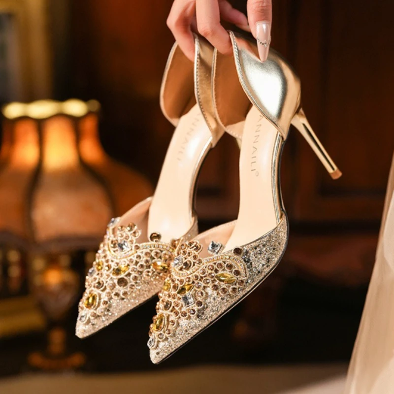 الفاخرة حجر الراين الديكور تصميم مضخات النساء أزياء أشار تو كعب رقيقة مأدبة اللباس أحذية أنيقة الزفاف أحذية الزفاف #1