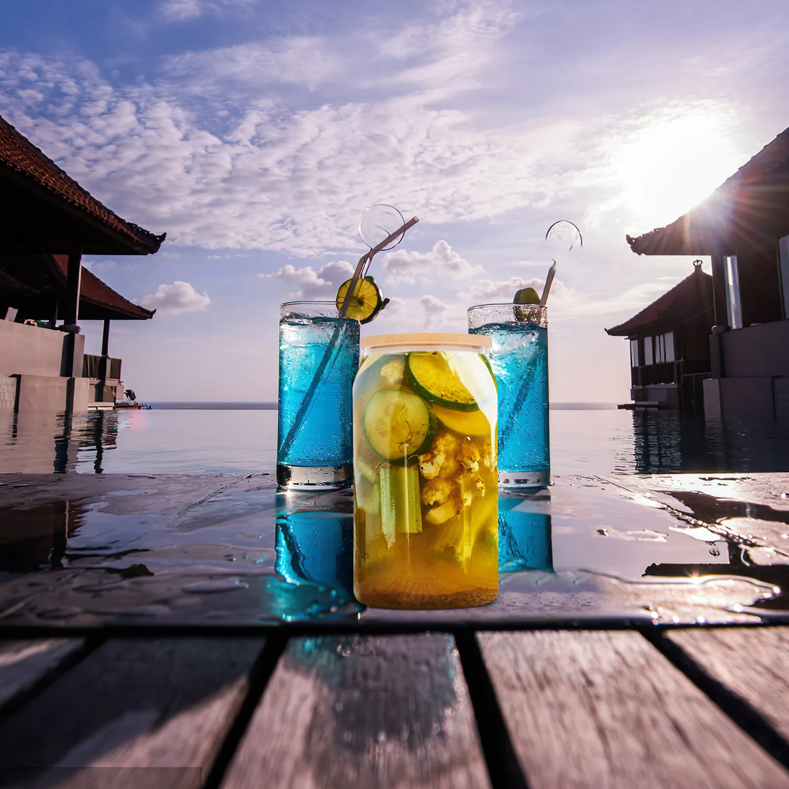 

1Set Glass Drinking Cup with Lid Straw Wooden Eco Friendly Multipurpose Cup for Juice Milk Tea Coffee Water